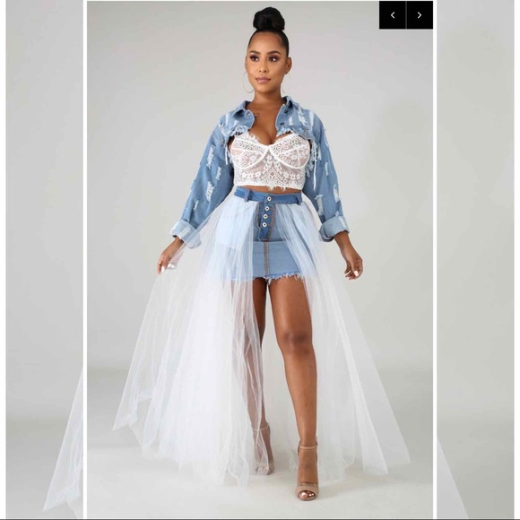 Reversed Denim Skirt Tulle Overlay WHITE - Picture 7 of 8